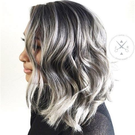 short black hair with silver highlights|dark brown with silver highlights.